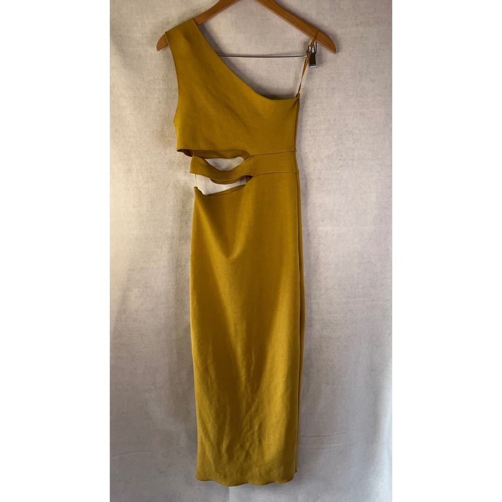 Zara Dress Cut Out Stretch Knit Sz M Mustard Yellow One Shoulder Midi